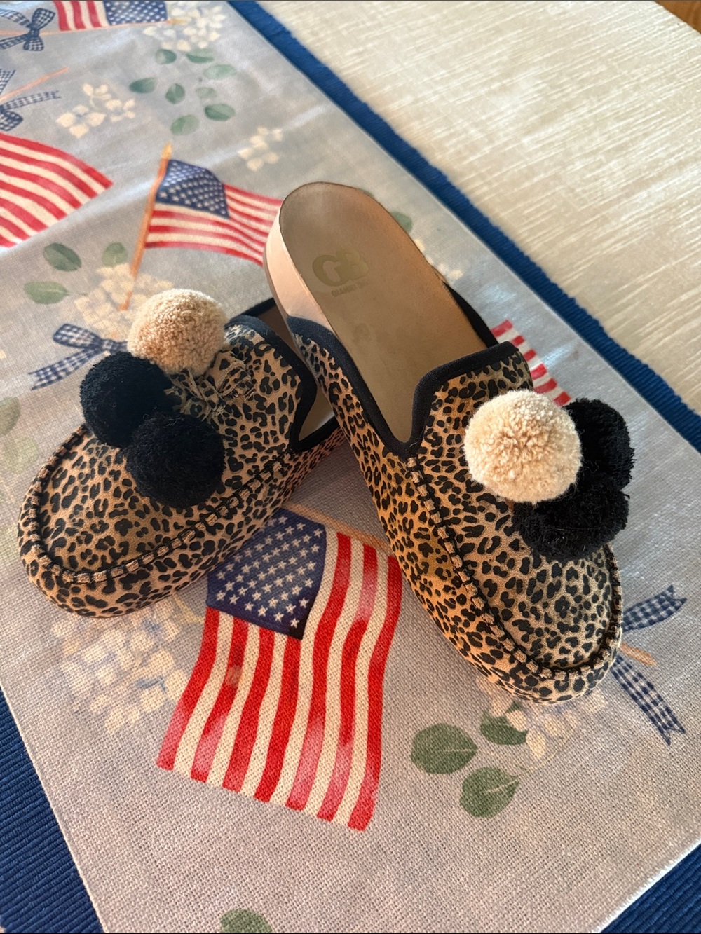 Gianni Bini Leopard Pom-Pom Slip-On Mules - Black & Tan